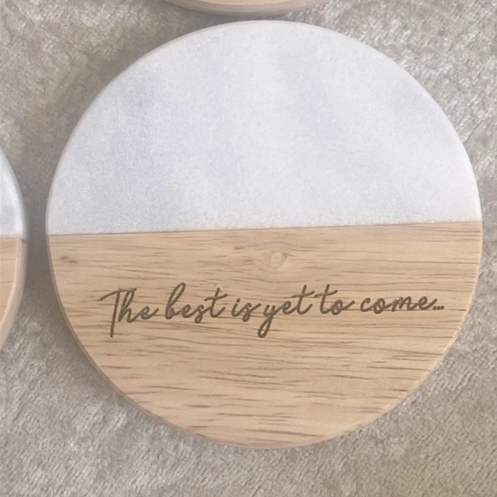 Brand New Genuine Marble & Organic Wood Coaster Set Engraved Gold Tone Holder